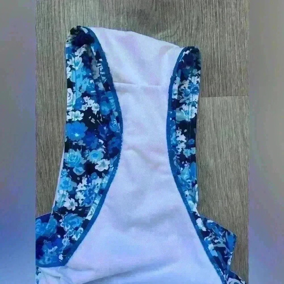 Blue floral one piece swimsuit, size small, off the shoulder w/ruflle - Picture 7 of 7